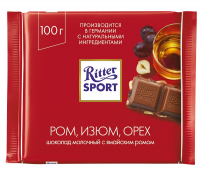Шоколад Ritter Sport молочный с дробленным орехом; орех-ром-изюм, 100 г